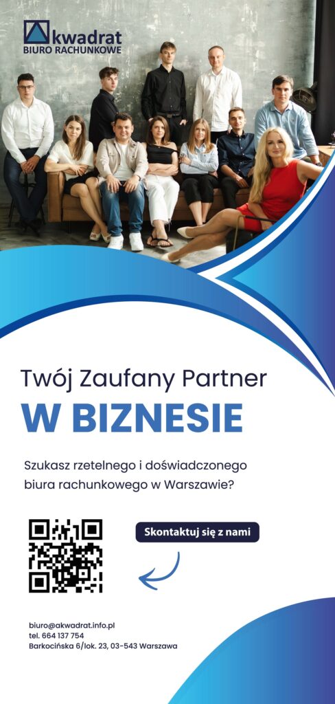 Dane kontaktowe biura rachunkowego Akwadrat (Warszawa, ul. Barkocińska 6) oraz kod QR do kontaktu.