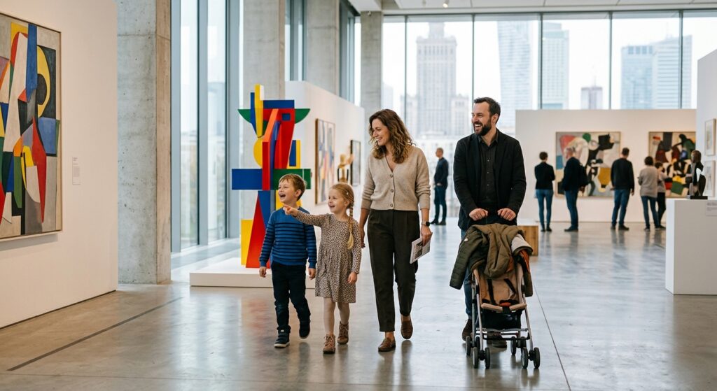 A high-quality, editorial-style photograph capturing a happy family exploring a modern, sunlit museu
