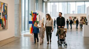 A high-quality, editorial-style photograph capturing a happy family exploring a modern, sunlit museu