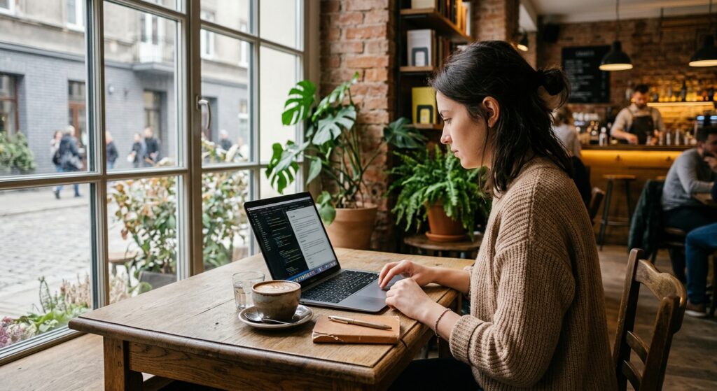 A cozy, stylish corner of a modern Warsaw cafe in Powiśle with soft natural morning light, a laptop