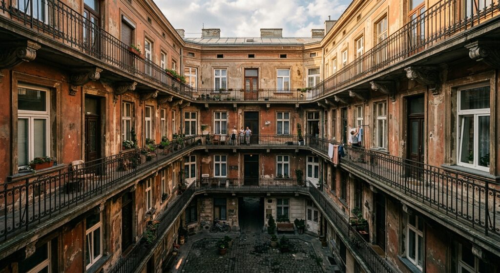 A professional, high-angle architectural shot of a historic, sunlit Warsaw tenement courtyard with s