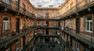 A professional, high-angle architectural shot of a historic, sunlit Warsaw tenement courtyard with s