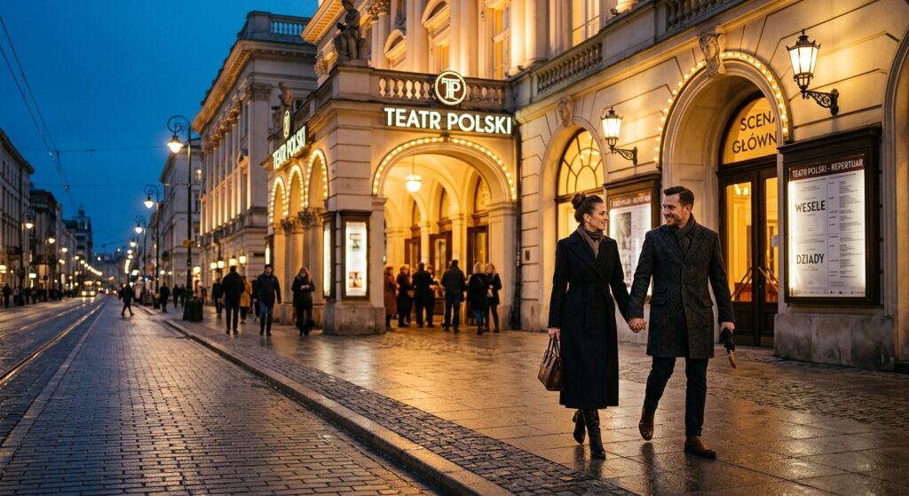 A sophisticated, cinematic long shot of a stylish couple walking past a glowing, historic theatre en