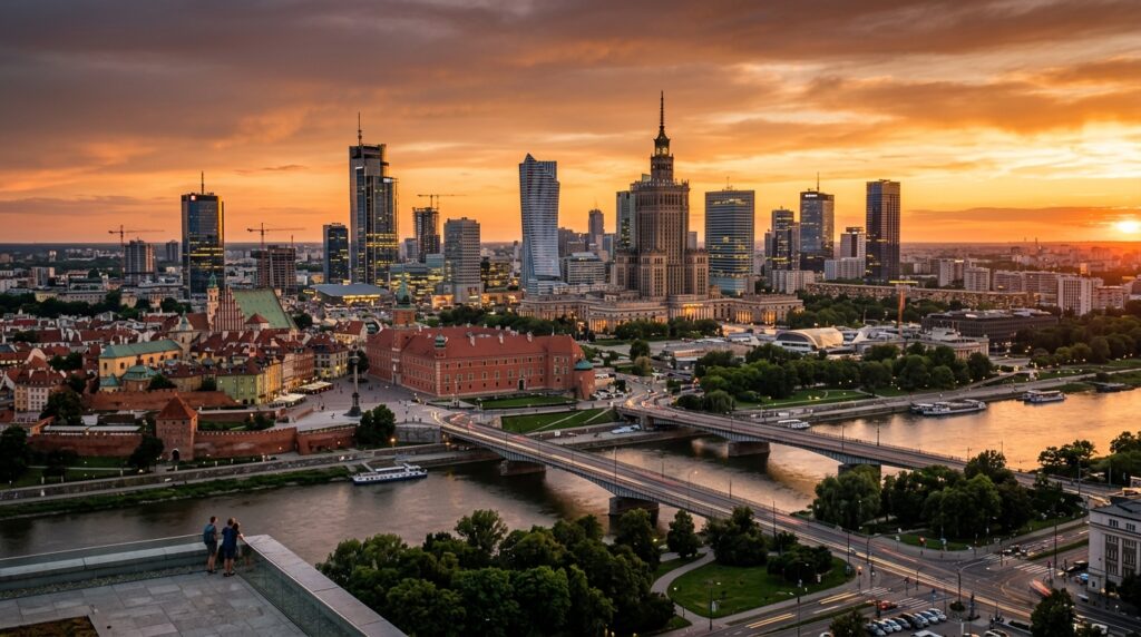 A professional editorial wide shot of the Warsaw skyline at golden hour, capturing the contrast betw