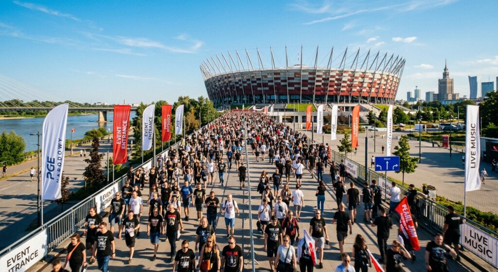 A high-angle editorial photograph of commuters walking towards Warsaw’s National Stadium under a cle
