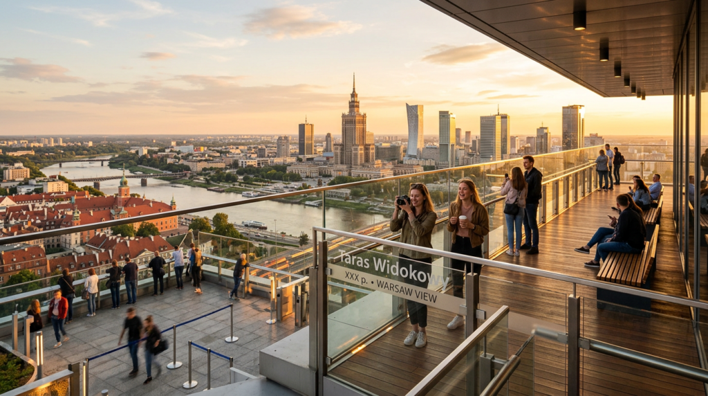 A professional editorial photograph of a panoramic view of Warsaw skyline at golden hour, captured f