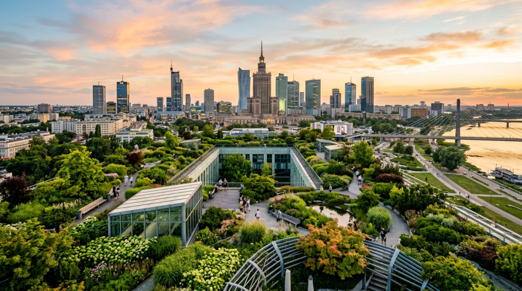 A professional, editorial-style wide shot of Warsaw’s lush rooftop gardens at golden hour, capturing