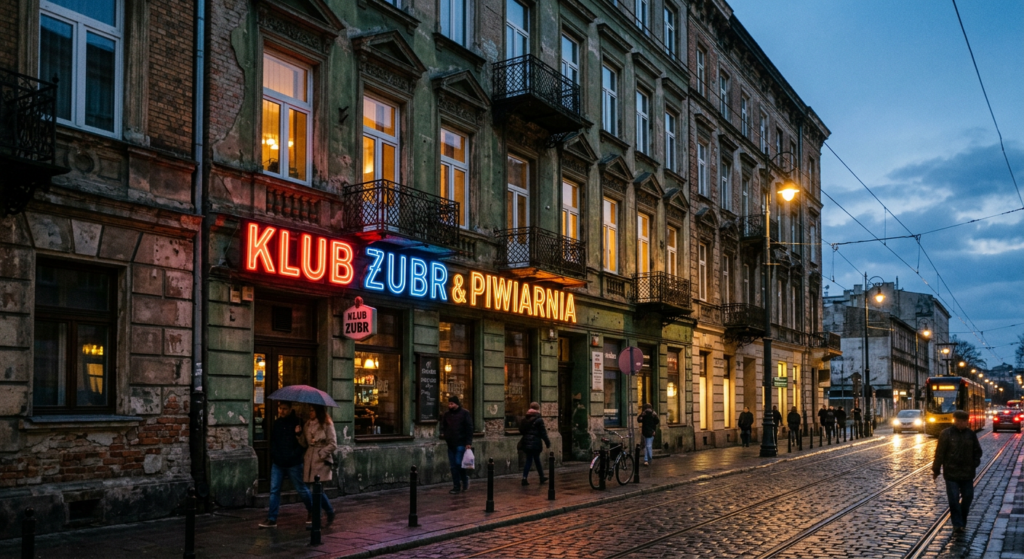 A cinematic, eye-level street photography shot of a glowing vintage neon sign illuminating a histori