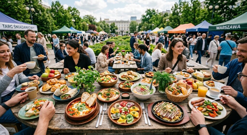 A cinematic, high-angle editorial shot of diverse, colorful international street food arranged on a