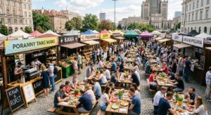 A polished, high-angle editorial shot of a vibrant outdoor breakfast market in Warsaw, featuring div